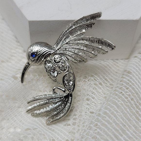 Rhinestone Humming Bird Pin Brooch Blue Eyed - Picture 5 of 7